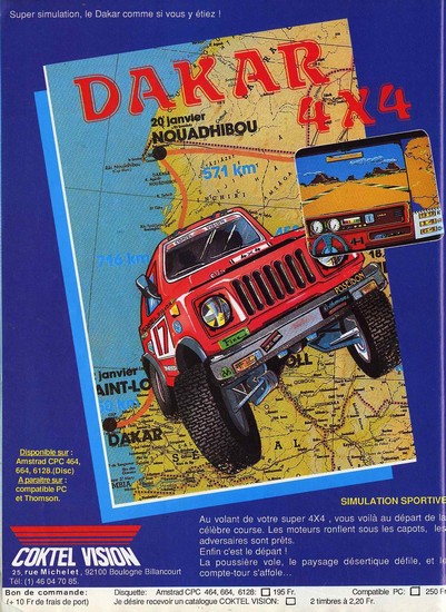 Une publicité pour le jeu Dakar 4x4 parue dans la revue TILT de février 1987